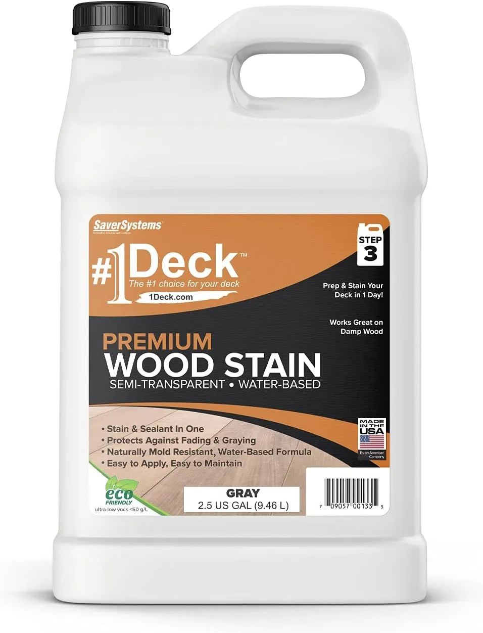 #1 Deck Premium Semi-Transparent Outdoor Wood Stain and Sealer in One - Water Based Wood Stain for Decks, Fences, & Siding - 2.5 Gallon (Gray)