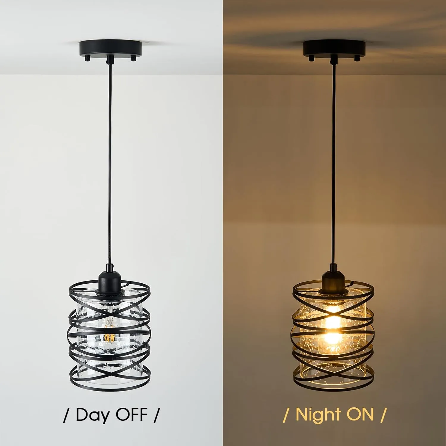1-Pack Pendant Light Fixtures 6.3Inch Black Spiral Kitchen Island Light Modern Metal Cage Handblown Seeded Glass Ceiling Hanging Light Adjustable Cord for Dining Room Foyer Hallway, E26
