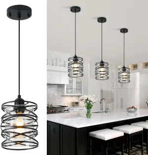 1-Pack Pendant Light Fixtures 6.3Inch Black Spiral Kitchen Island Light Modern Metal Cage Handblown Seeded Glass Ceiling Hanging Light Adjustable Cord for Dining Room Foyer Hallway, E26