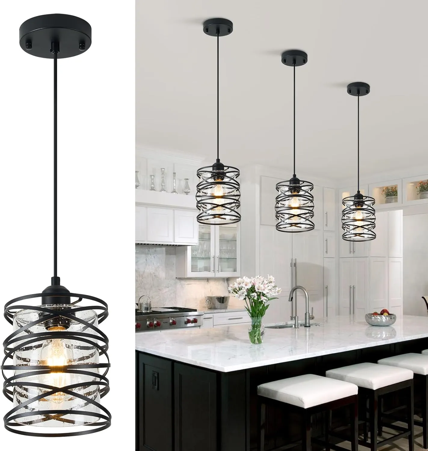 1-Pack Pendant Light Fixtures 6.3Inch Black Spiral Kitchen Island Light Modern Metal Cage Handblown Seeded Glass Ceiling Hanging Light Adjustable Cord for Dining Room Foyer Hallway, E26