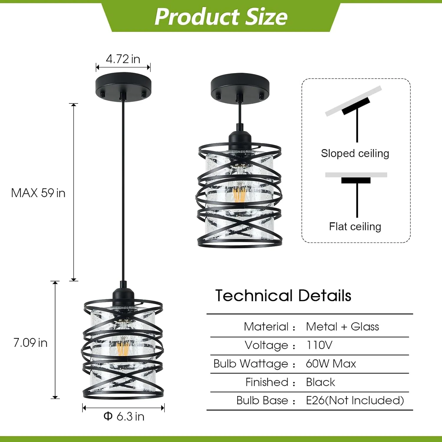 1-Pack Pendant Light Fixtures 6.3Inch Black Spiral Kitchen Island Light Modern Metal Cage Handblown Seeded Glass Ceiling Hanging Light Adjustable Cord for Dining Room Foyer Hallway, E26