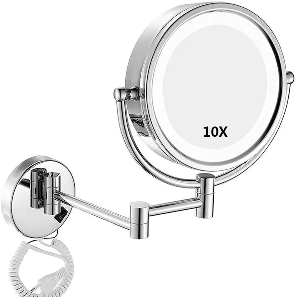10X Magnification LED Makeup Mirror, Wall-Mounted Vanity Mirror, Double-Sided, 360° Swivel, Extendable for Bathroom & Makeup(White)