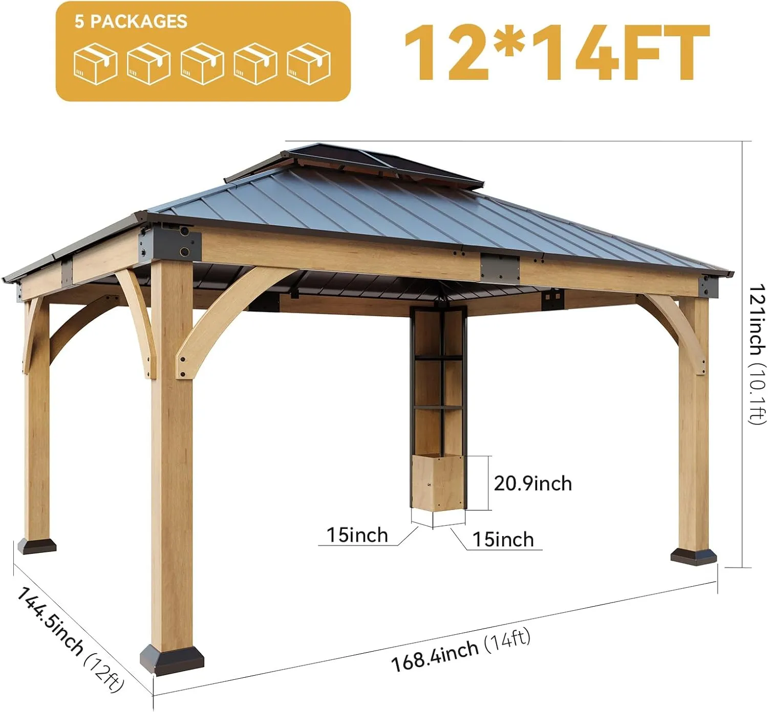 12x14 ft Cedar Wood Gazebo with Sunlight Roof &Storage Cabinet, Hardtop Gazebo with Galvanized Steel Double Roof, Heavy Duty Pavilion for Patio Lawn and Garden