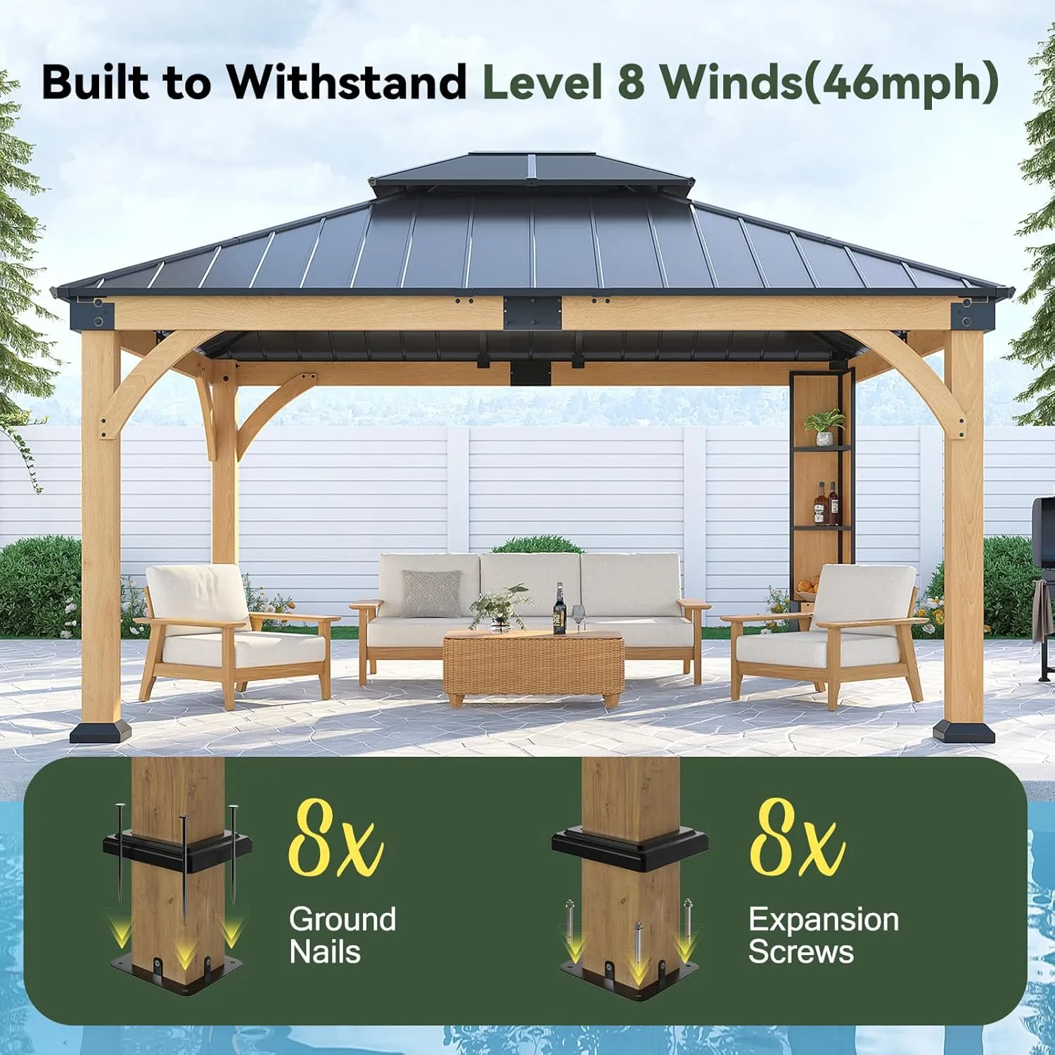 12x14 ft Cedar Wood Gazebo with Sunlight Roof &Storage Cabinet, Hardtop Gazebo with Galvanized Steel Double Roof, Heavy Duty Pavilion for Patio Lawn and Garden