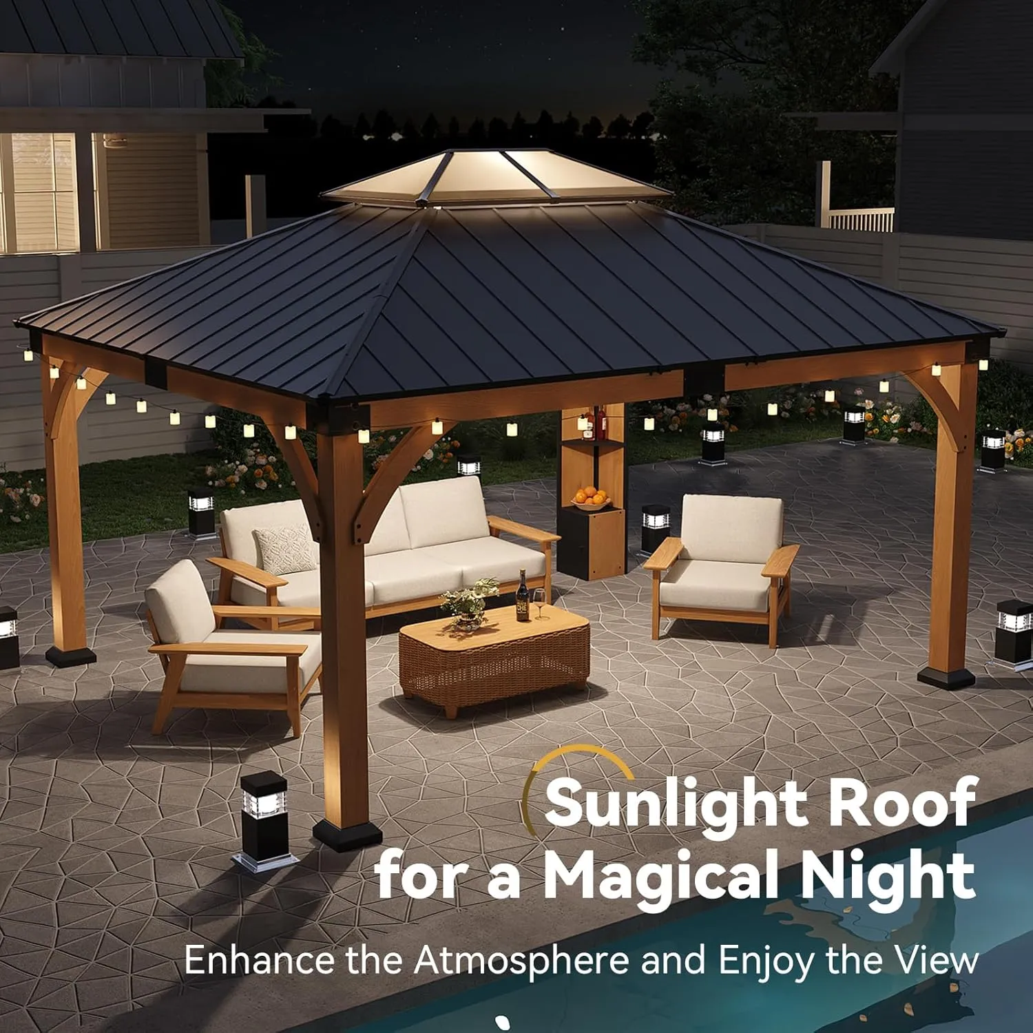 12x14 ft Cedar Wood Gazebo with Sunlight Roof &Storage Cabinet, Hardtop Gazebo with Galvanized Steel Double Roof, Heavy Duty Pavilion for Patio Lawn and Garden