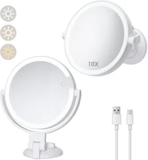 1X 10X Magnifying Shower Mirror with Lights, Rechargeable Lighted Manification Shaving Mirror No Drilling Locking Suction Mount, Double Sided 360° Bathroom Mirror for Men, Tabletop Makeup Mirror