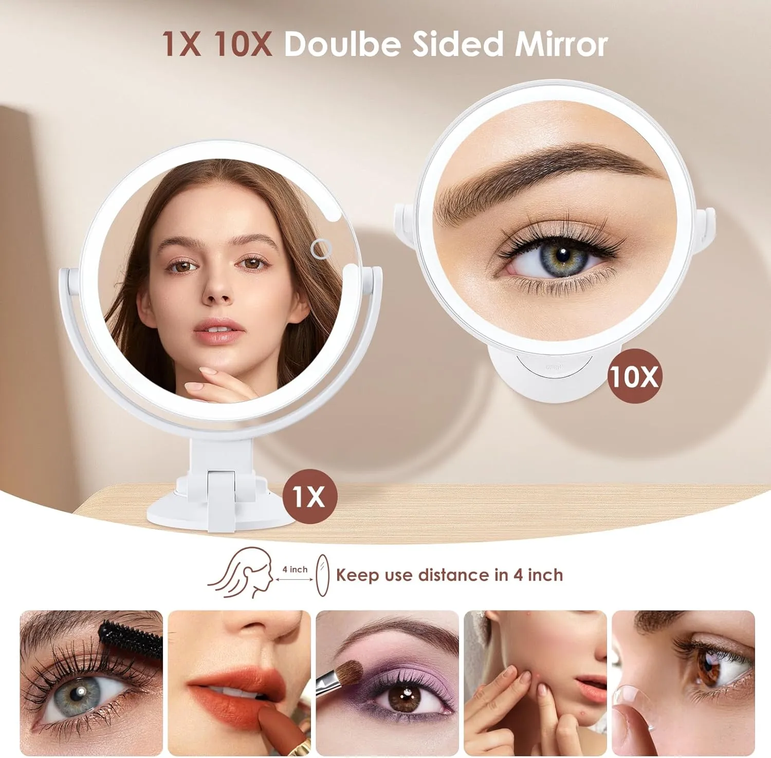 1X 10X Magnifying Shower Mirror with Lights, Rechargeable Lighted Manification Shaving Mirror No Drilling Locking Suction Mount, Double Sided 360° Bathroom Mirror for Men, Tabletop Makeup Mirror