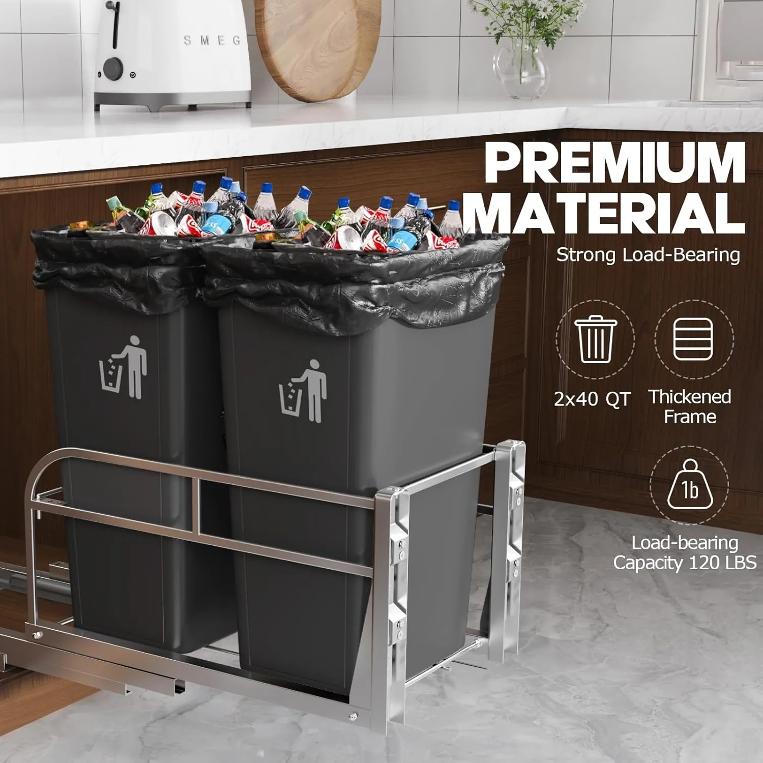 2-40 Qt Pull Out Trash Can Under Cabinet With Soft-Close Slides,Door Mounting Under Sink Garbage Can Slide Out Kit For Kitchen, Garbage Can Not Included, Requires Minimum Cabinets Opening 17"W X 25"D