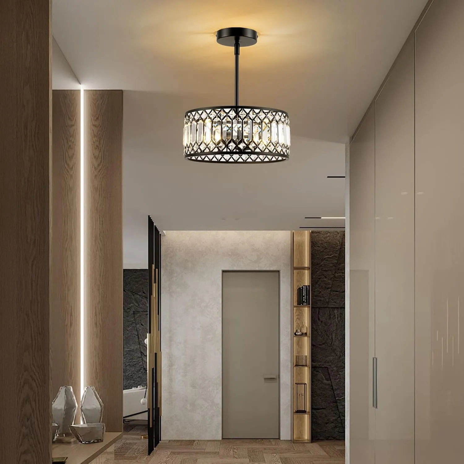 2-Light Crystal Ceiling Light Fixture, Modern Semi Flush Mount Ceiling Light, Black Crystal Chandelier for Kitchen Bedroom Bathroom Entryway Hallway