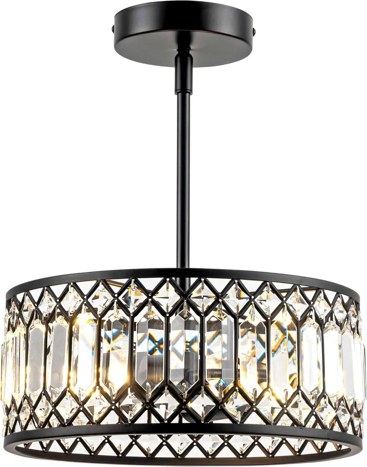 2-Light Crystal Ceiling Light Fixture, Modern Semi Flush Mount Ceiling Light, Black Crystal Chandelier for Kitchen Bedroom Bathroom Entryway Hallway