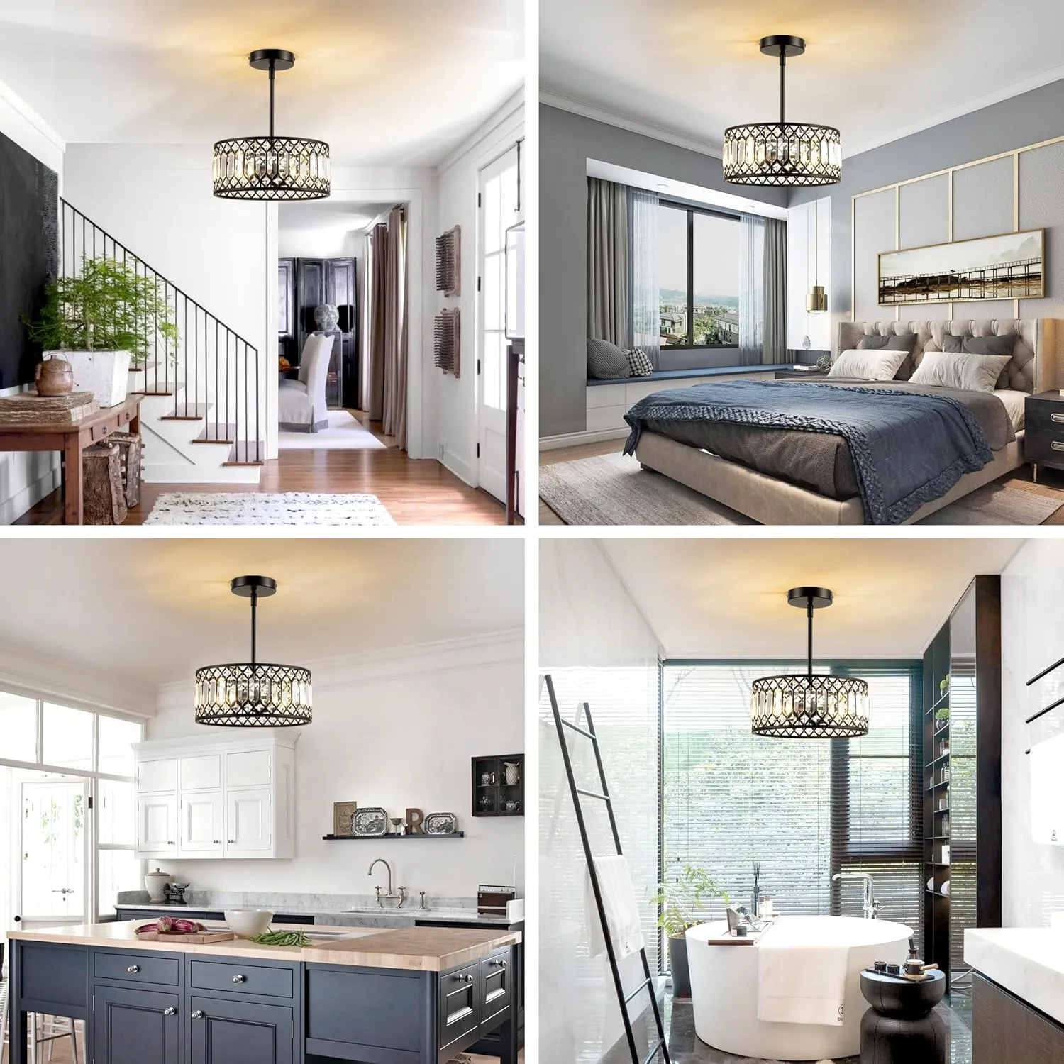 2-Light Crystal Ceiling Light Fixture, Modern Semi Flush Mount Ceiling Light, Black Crystal Chandelier for Kitchen Bedroom Bathroom Entryway Hallway