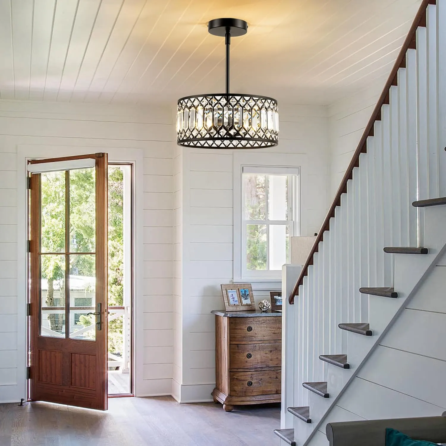 2-Light Crystal Ceiling Light Fixture, Modern Semi Flush Mount Ceiling Light, Black Crystal Chandelier for Kitchen Bedroom Bathroom Entryway Hallway