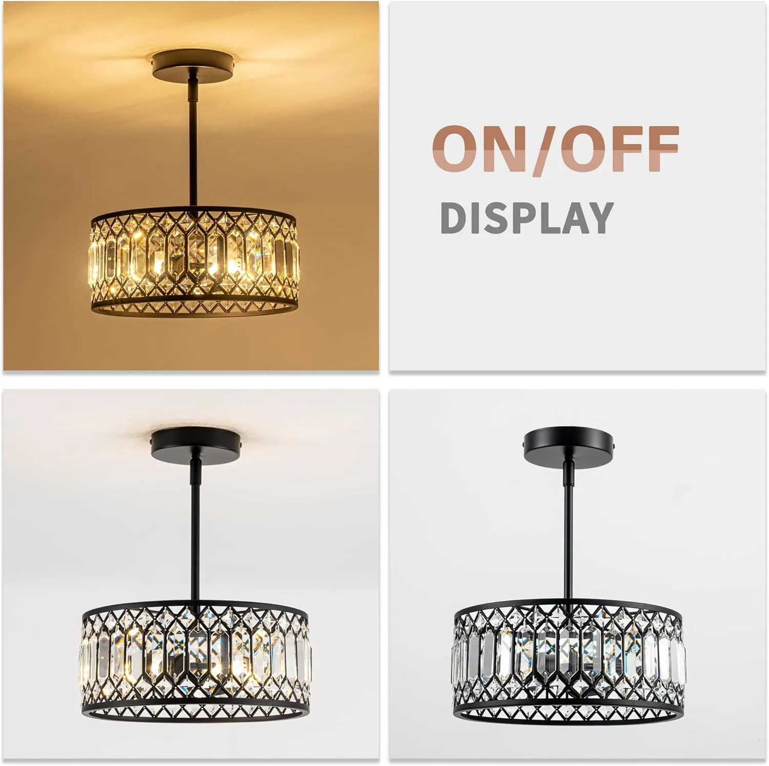2-Light Crystal Ceiling Light Fixture, Modern Semi Flush Mount Ceiling Light, Black Crystal Chandelier for Kitchen Bedroom Bathroom Entryway Hallway
