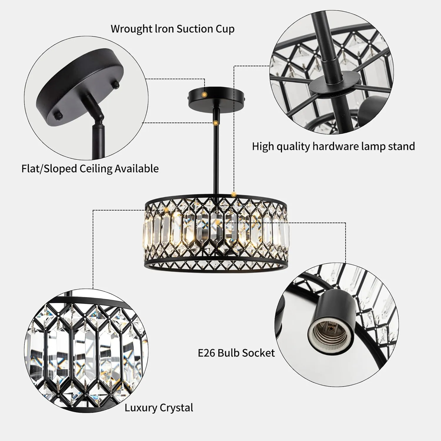 2-Light Crystal Ceiling Light Fixture, Modern Semi Flush Mount Ceiling Light, Black Crystal Chandelier for Kitchen Bedroom Bathroom Entryway Hallway