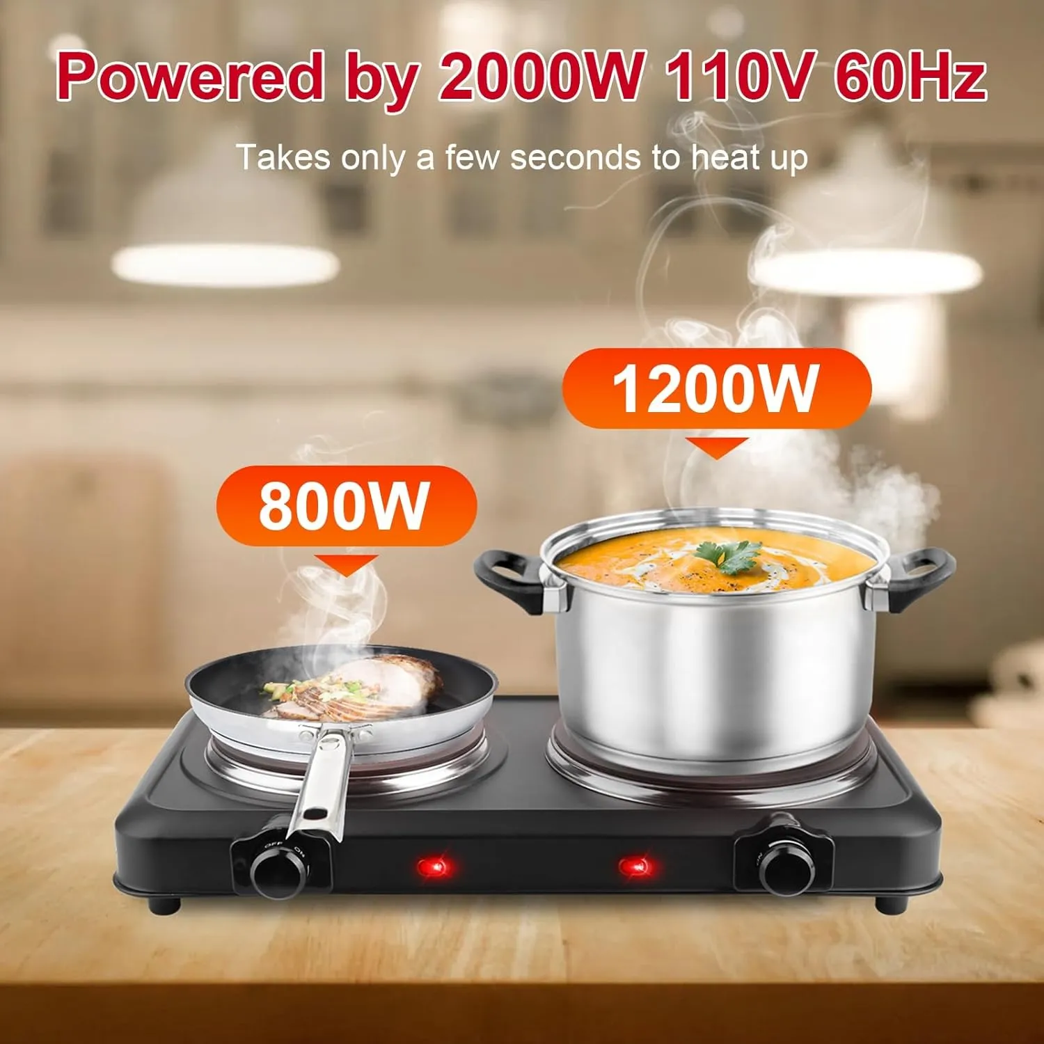 2000W Electric Infrared Dual Burner, Electric Stove for Cooking, Portable Heating Hot Plate Countertop, 7.5" & 6.3” Glass Cooktop Stepless Temperature Adjustments for Home RV Camp, White