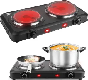 2000W Electric Infrared Dual Burner, Electric Stove for Cooking, Portable Heating Hot Plate Countertop, 7.5" & 6.3” Glass Cooktop Stepless Temperature Adjustments for Home RV Camp, White