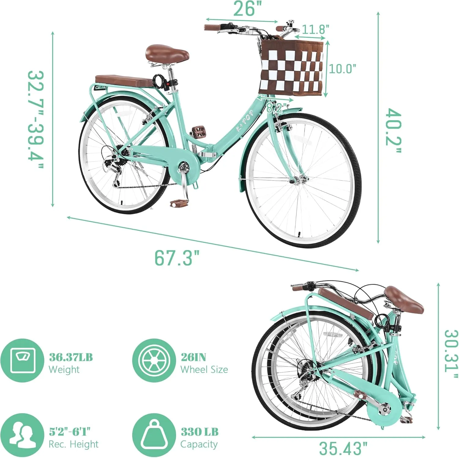 24/26 Inch Foldable Beach Cruiser Bike, 7 Speed Cruiser Bikes for Women, Commute Bike with Basket, Step Through City Bikes for Women Adults Ladies