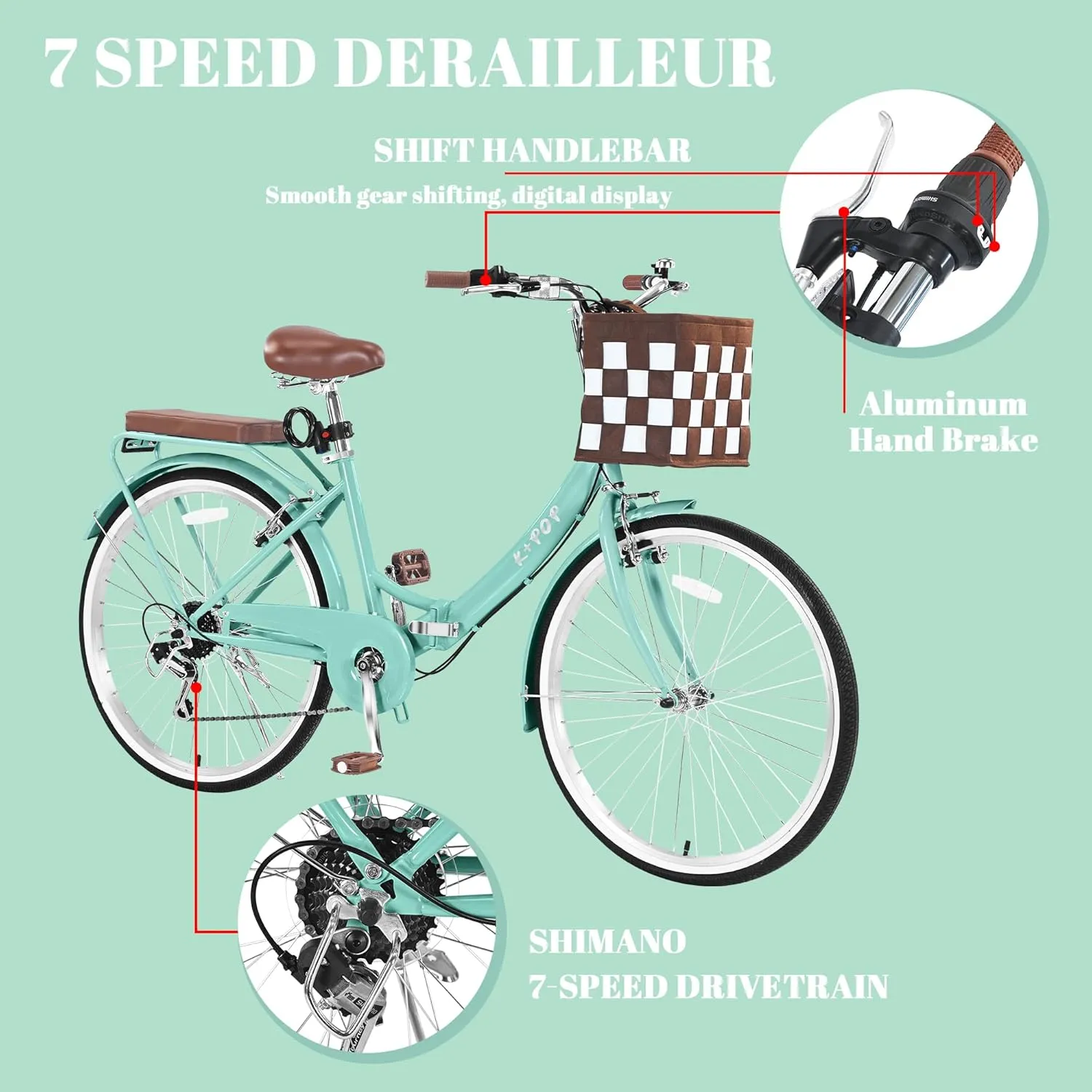 24/26 Inch Foldable Beach Cruiser Bike, 7 Speed Cruiser Bikes for Women, Commute Bike with Basket, Step Through City Bikes for Women Adults Ladies