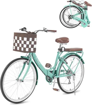24/26 Inch Foldable Beach Cruiser Bike, 7 Speed Cruiser Bikes for Women, Commute Bike with Basket, Step Through City Bikes for Women Adults Ladies
