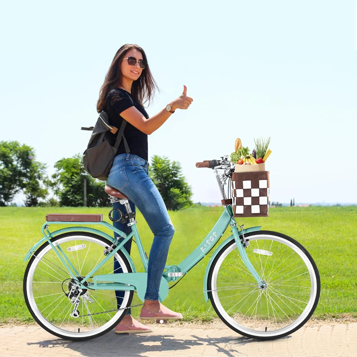 24/26 Inch Foldable Beach Cruiser Bike, 7 Speed Cruiser Bikes for Women, Commute Bike with Basket, Step Through City Bikes for Women Adults Ladies