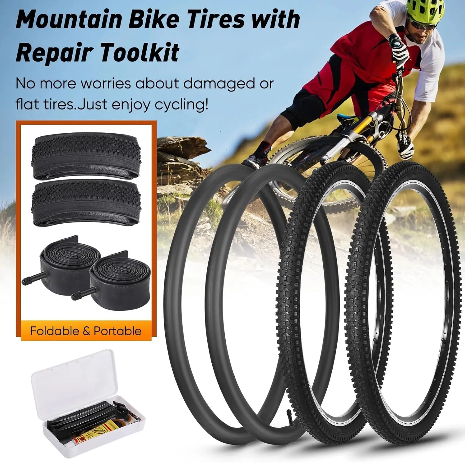 24/26x1.95” Bike Tire, 2 Pack 24/26x1.95 Folding Bicycle Tire and Tube, 24/26 Inch Mountain Bike Tires,Replaceable 26/24 Inch Bike Tires with Repair Tools for MTB,BMX