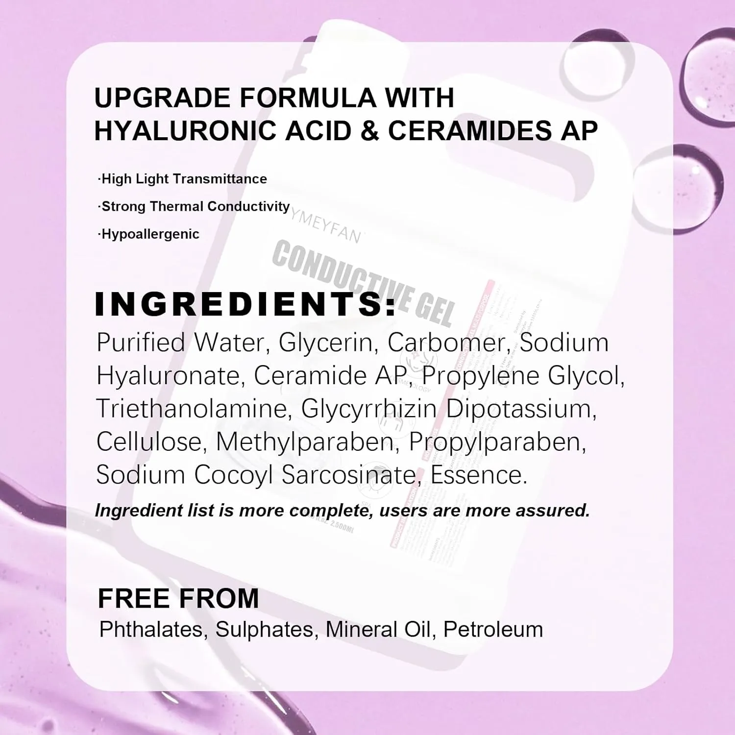 2.5L Large Conductive Gel for Microcurrent Facial Device, Radio Frequency Laser Hair Removal Cooling Gel, Sulfate & Phthalate-Free, Sodium Hyaluronate, Ceramide AP for Skin Soothing Hydrating