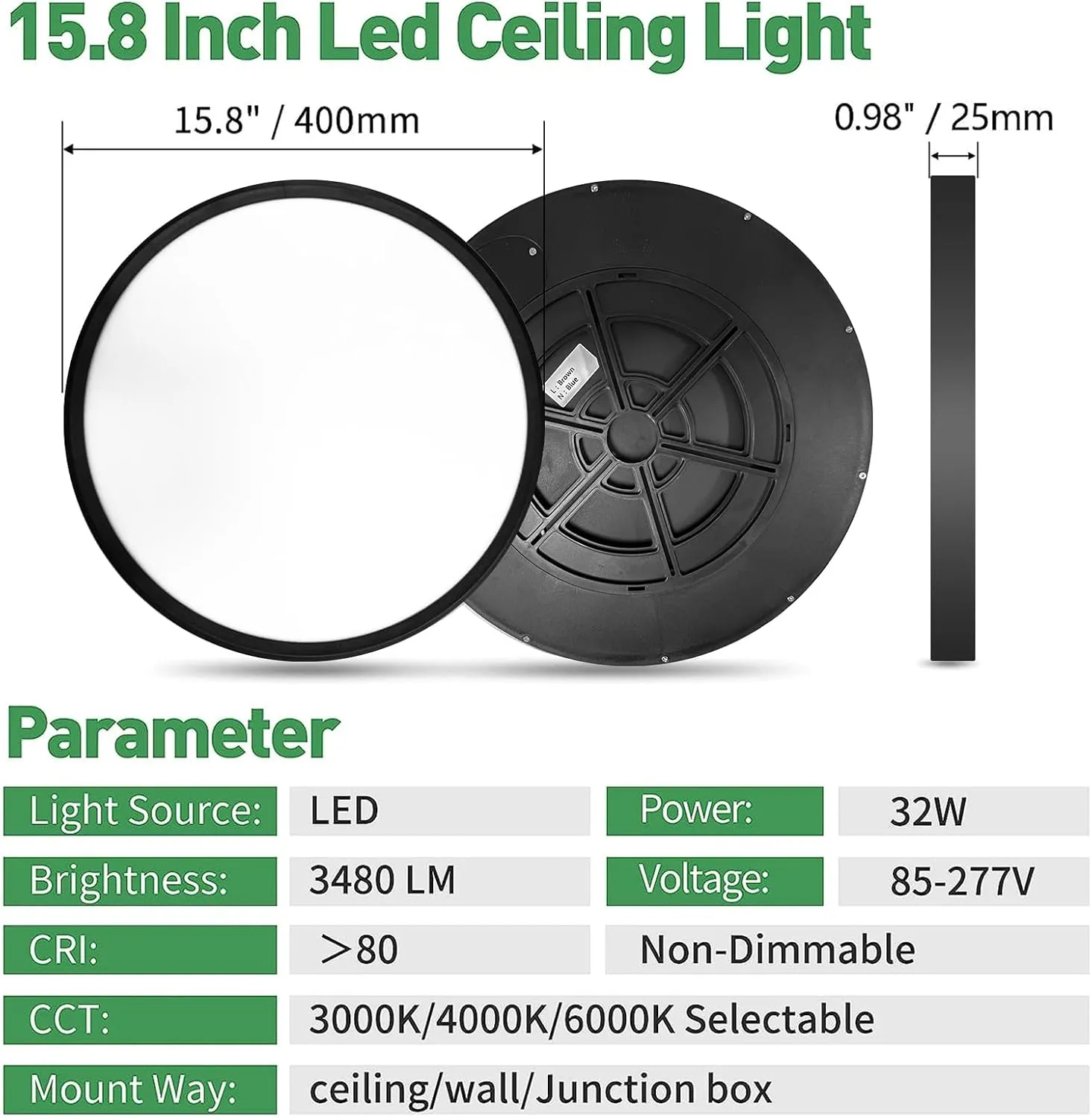 2PK 15.8 Inch Black LED Flush Mount Ceiling Light, 32W, 3480LM, 3000K/4000K/6000K CCT Selectable, Round Flat Panel Light Low Profile Ceiling Light Fitures for Hallway, Kitchen, Bedroom, Laundry Room