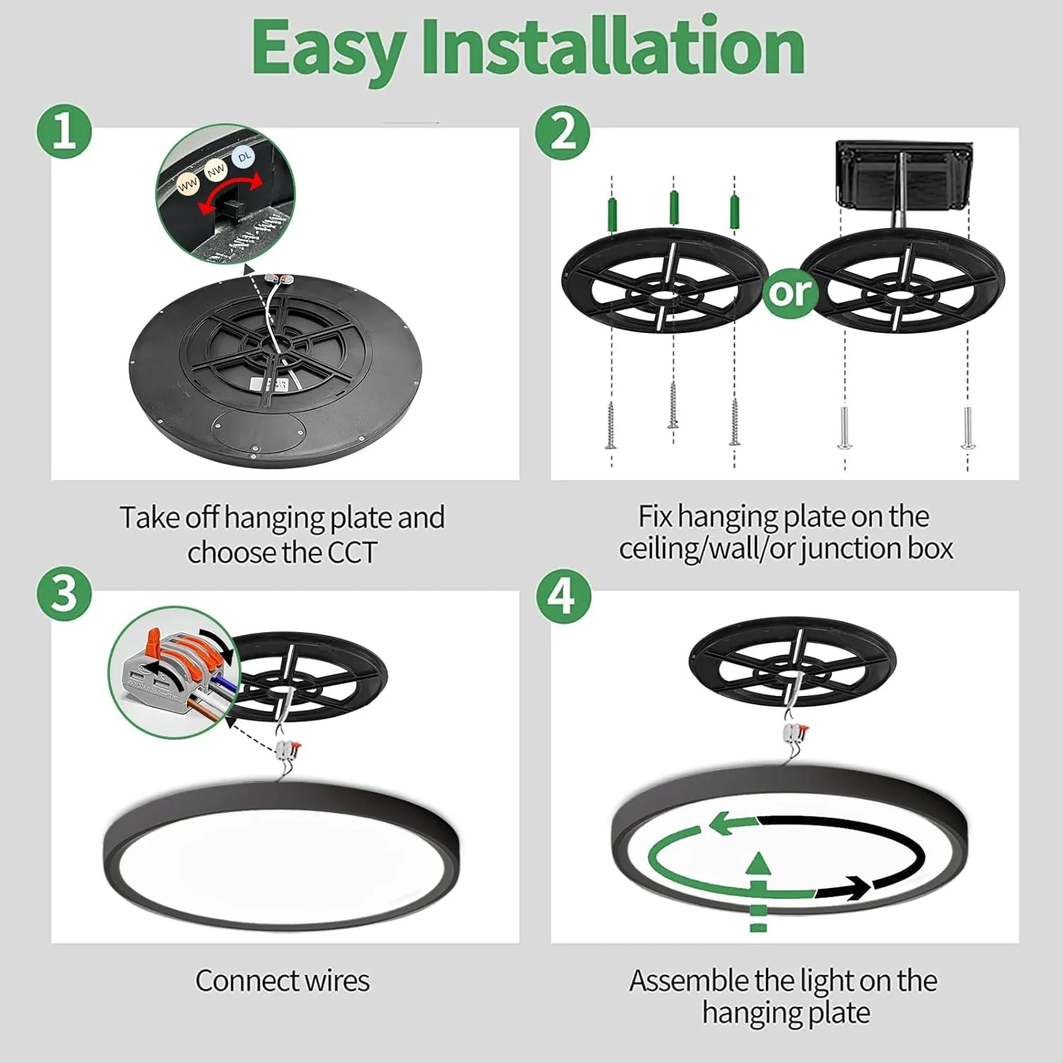 2PK 15.8 Inch Black LED Flush Mount Ceiling Light, 32W, 3480LM, 3000K/4000K/6000K CCT Selectable, Round Flat Panel Light Low Profile Ceiling Light Fitures for Hallway, Kitchen, Bedroom, Laundry Room