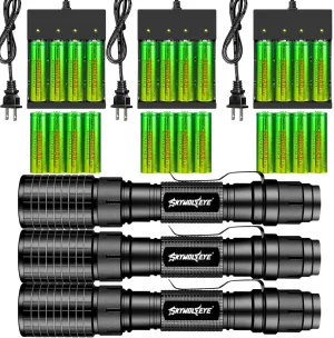 3 Pack Led Flashlight with 24-Pcs Rechargeable Battery and 3 Pcs 4-Slots Charger Dual Power Waterproof 5 Mode Zoomable Hand Flash Light for Adult Kid Emergency Camping Accessories