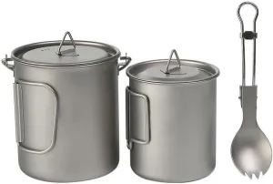 3-Piece Set Pure Titanium Hanging Cup 750ML Water Cup 450ML Salad Spoon, Foldable Portable Water Cup Tea Maker Tableware Suitable for Outdoor Travel Or Camping
