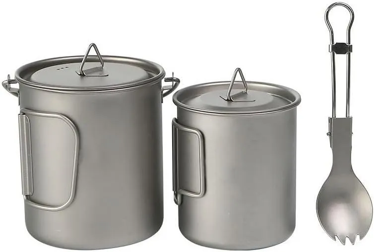 3-Piece Set Pure Titanium Hanging Cup 750ML Water Cup 450ML Salad Spoon, Foldable Portable Water Cup Tea Maker Tableware Suitable for Outdoor Travel Or Camping