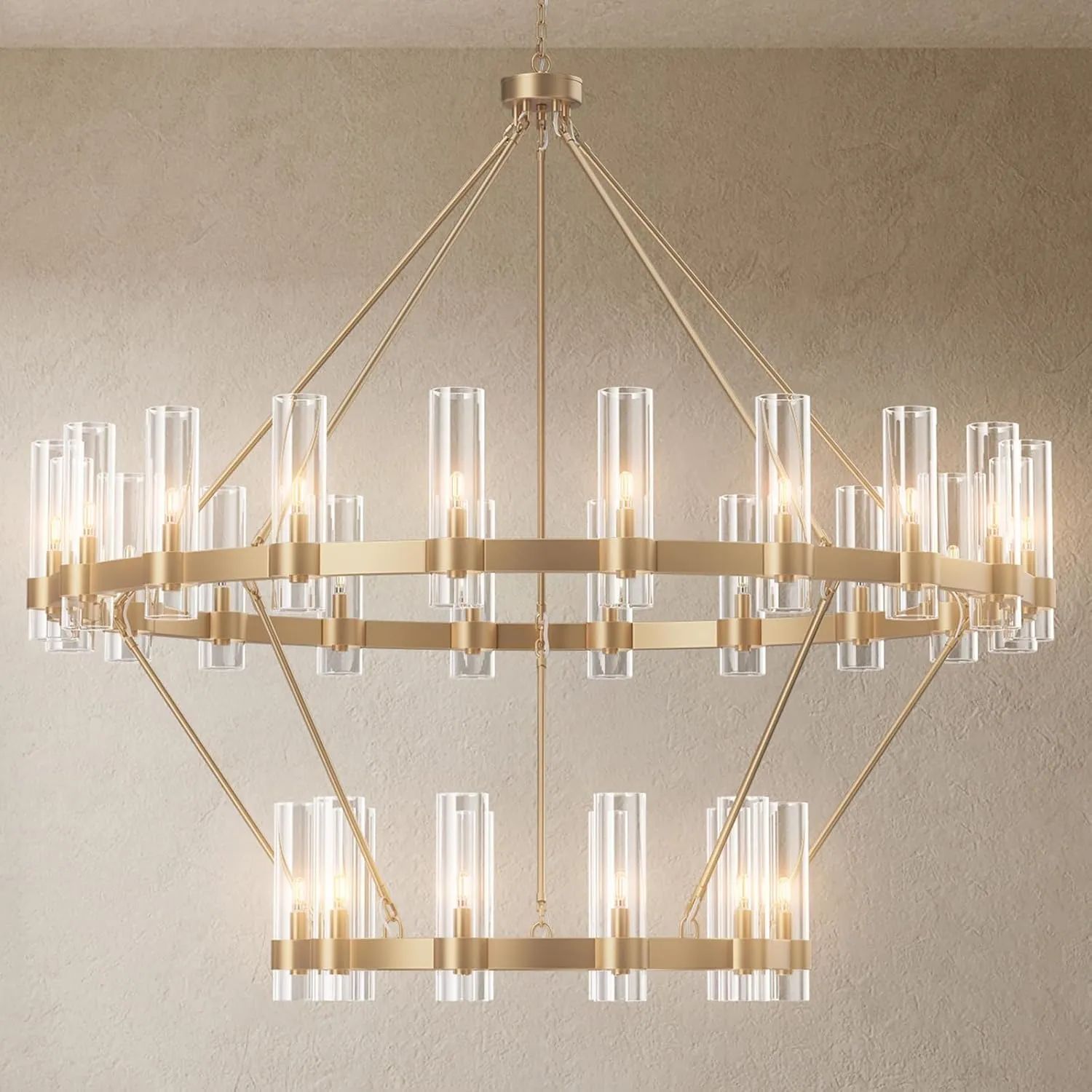 30-Lights Gold Chandelier,Wagon Wheel Chandelier with Glass Shade,60 Inch Large Round Industrial High Ceilings Pendant Lighting Fixture for Dining Room, Living Room, Kitchen Island, Foyer