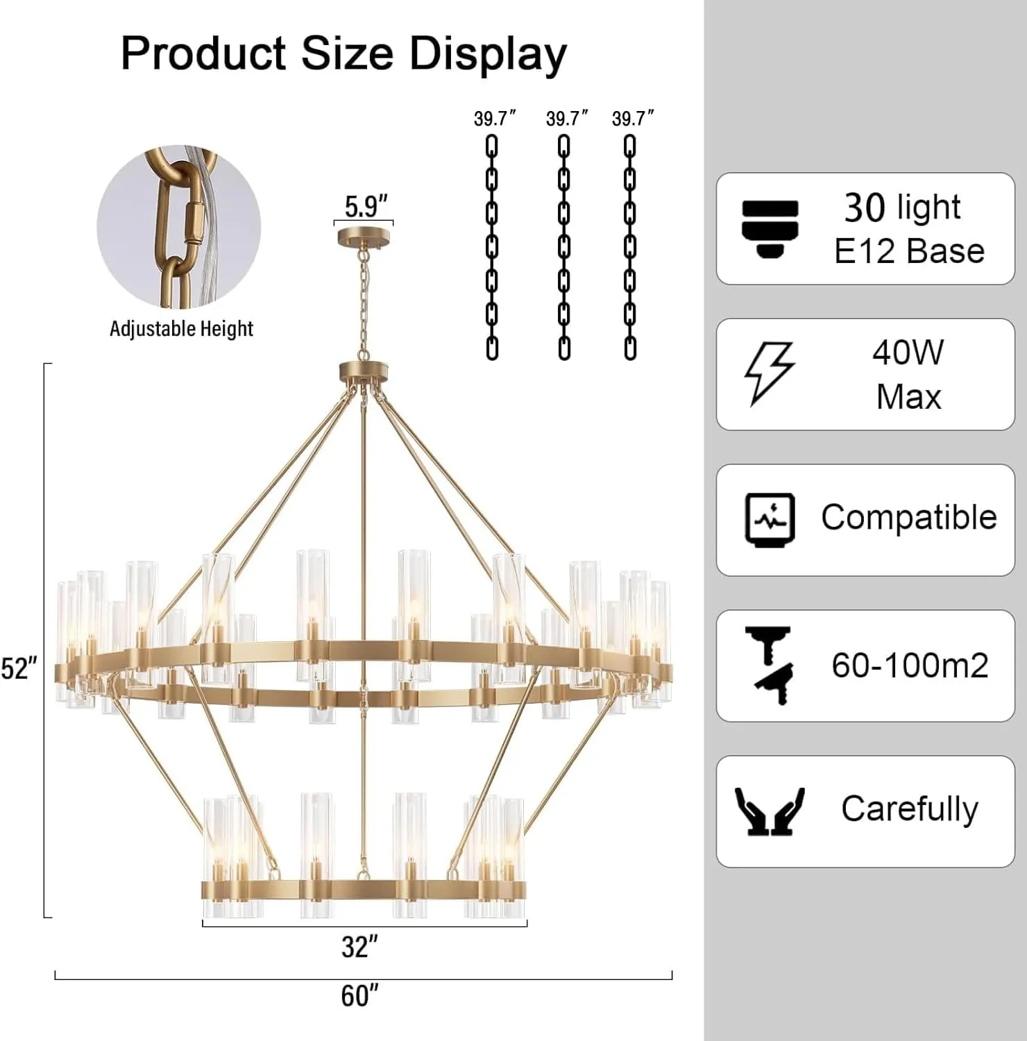 30-Lights Gold Chandelier,Wagon Wheel Chandelier with Glass Shade,60 Inch Large Round Industrial High Ceilings Pendant Lighting Fixture for Dining Room, Living Room, Kitchen Island, Foyer