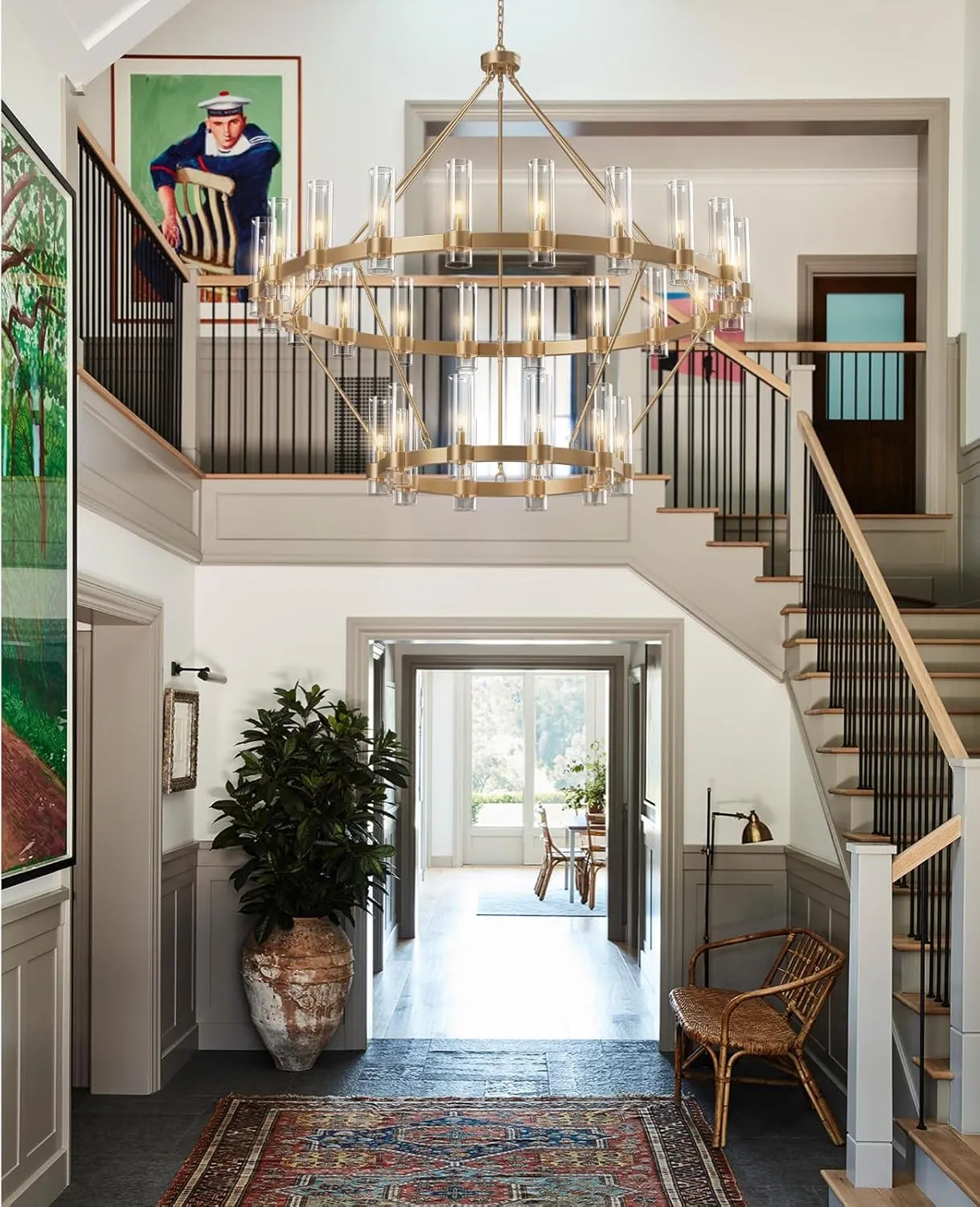 30-Lights Gold Chandelier,Wagon Wheel Chandelier with Glass Shade,60 Inch Large Round Industrial High Ceilings Pendant Lighting Fixture for Dining Room, Living Room, Kitchen Island, Foyer