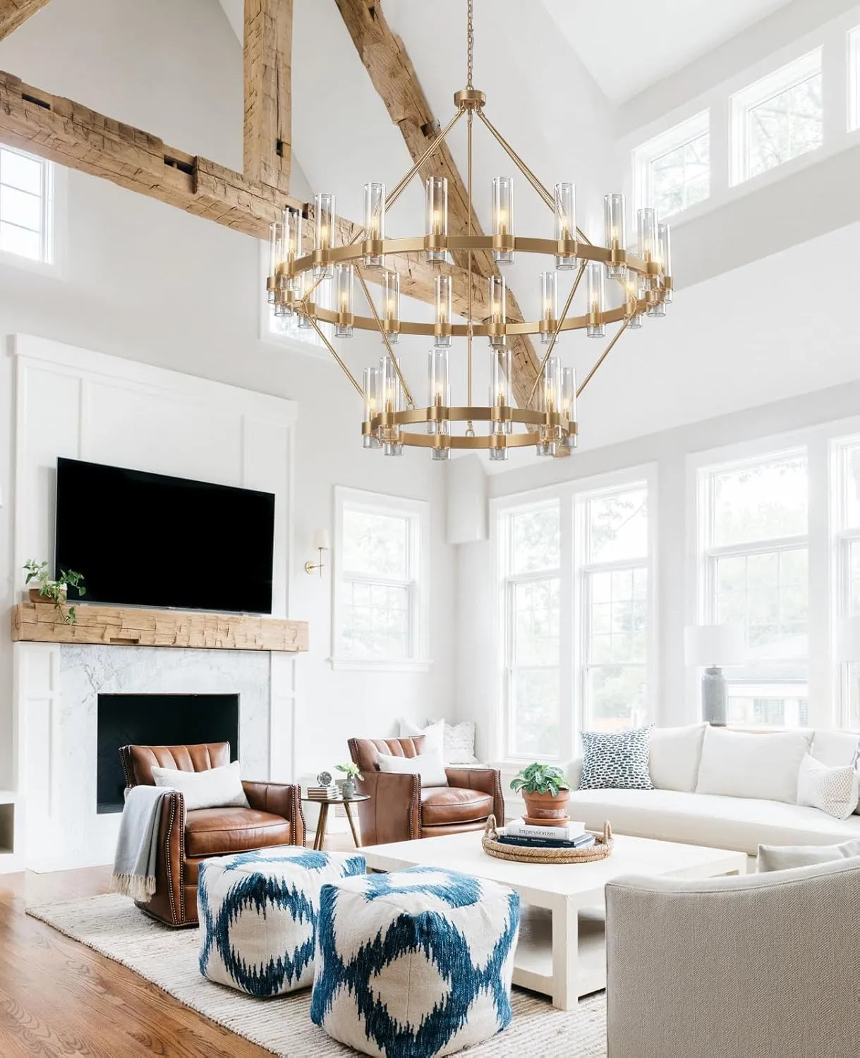 30-Lights Gold Chandelier,Wagon Wheel Chandelier with Glass Shade,60 Inch Large Round Industrial High Ceilings Pendant Lighting Fixture for Dining Room, Living Room, Kitchen Island, Foyer