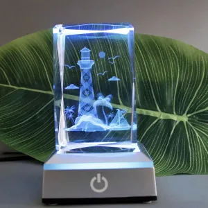 3D Laser Crystal Lighthouse Seabird Coast Crystal Cube with L-E-D Stand Base - 3D Engraving Crystal Lighthouse Home Decor - 3D Crystal Ball Paperweight Series
