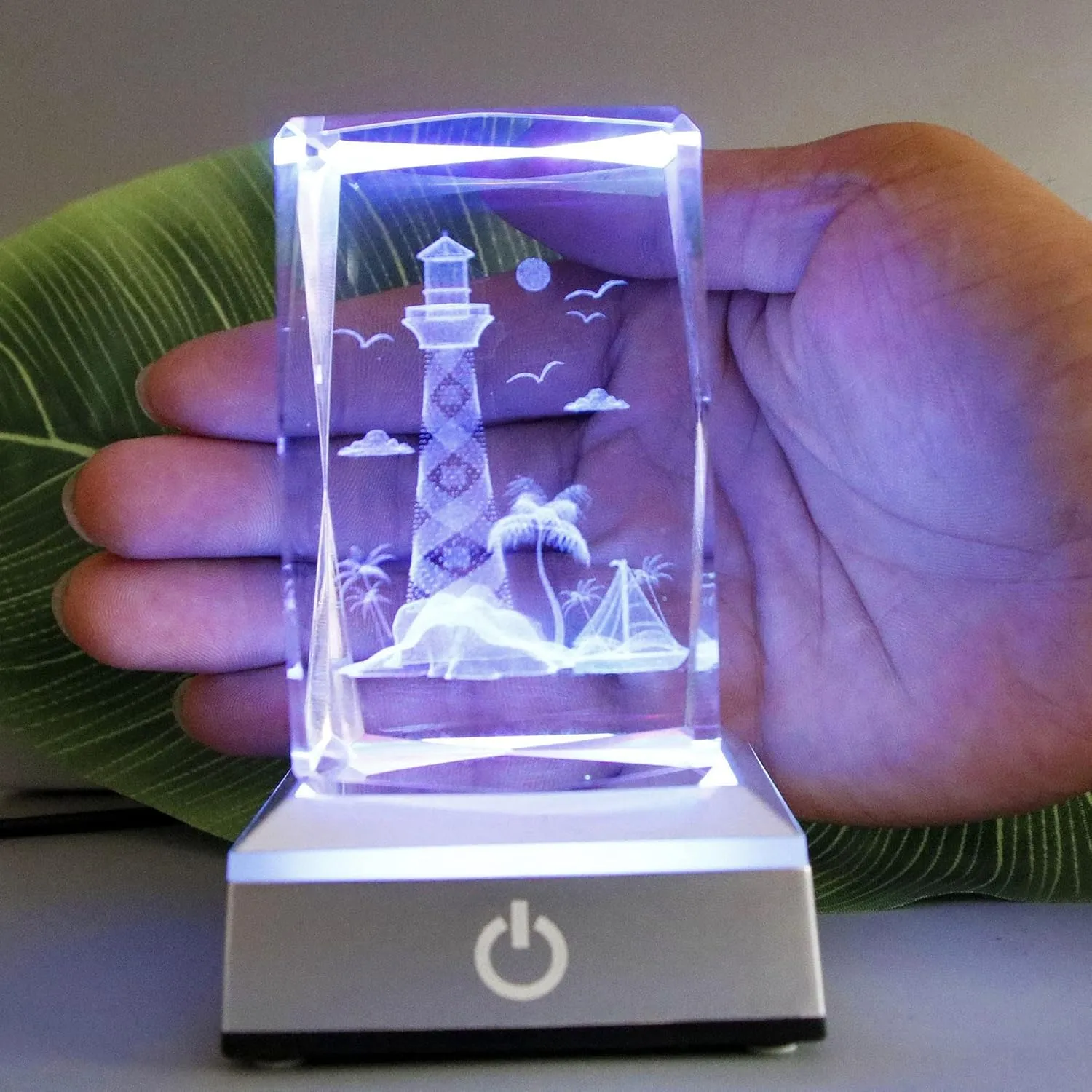 3D Laser Crystal Lighthouse Seabird Coast Crystal Cube with L-E-D Stand Base - 3D Engraving Crystal Lighthouse Home Decor - 3D Crystal Ball Paperweight Series