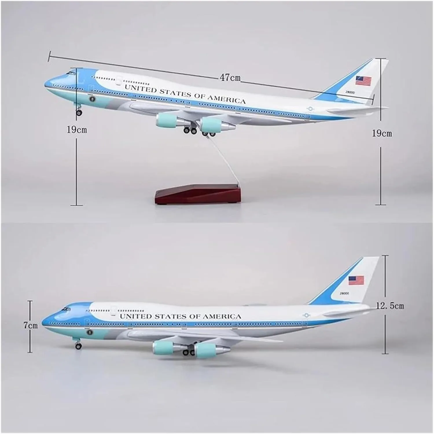 47cm for B747 Force One Plane Model Aircraft Resin Collection Plane W Light and Wheel for Collection Display(with Light)
