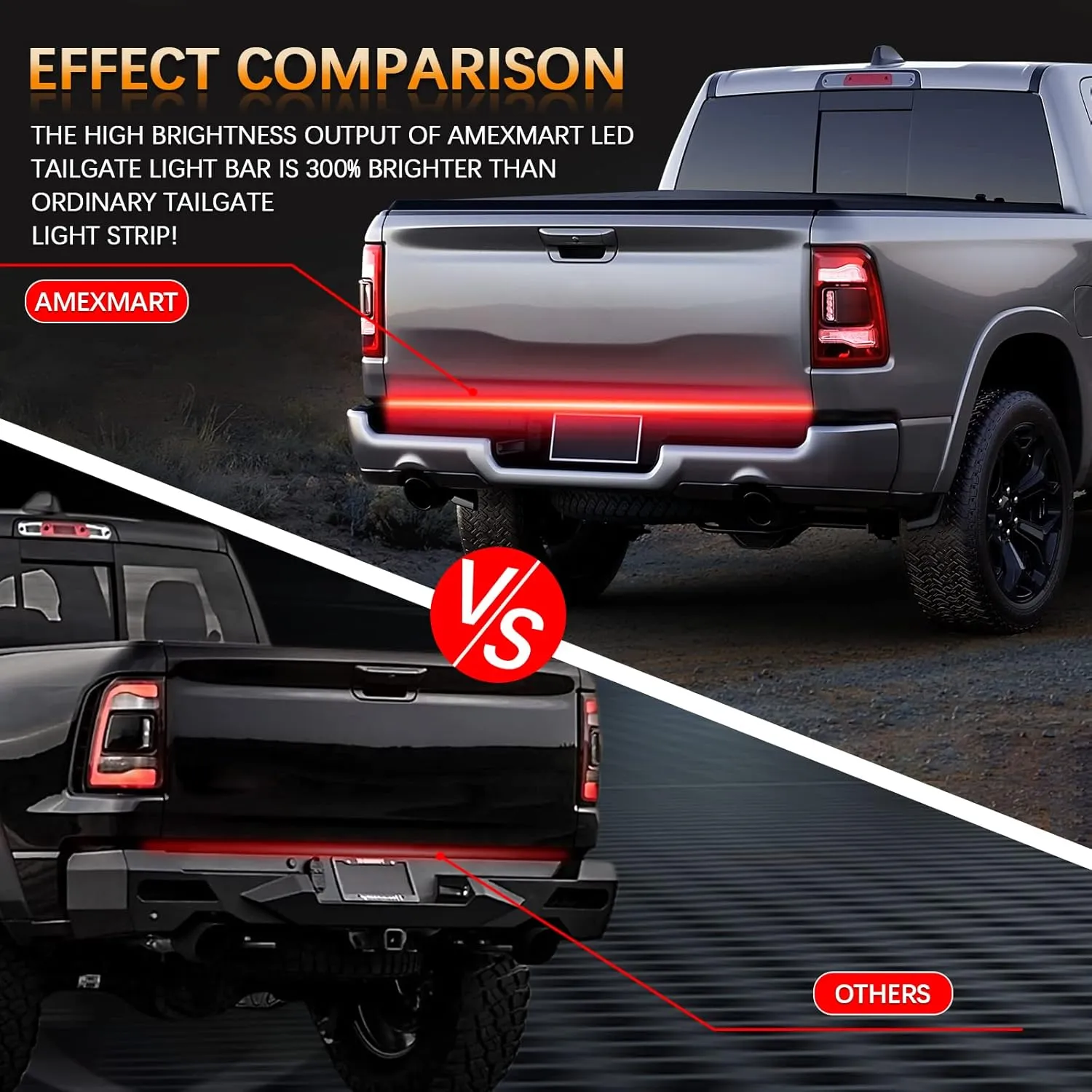 48"/49" Tailgate Light Bar Triple Row LED Tailgate Light Strip with Red Running Brake Lights White Reverse Amber Turn Signal Lights