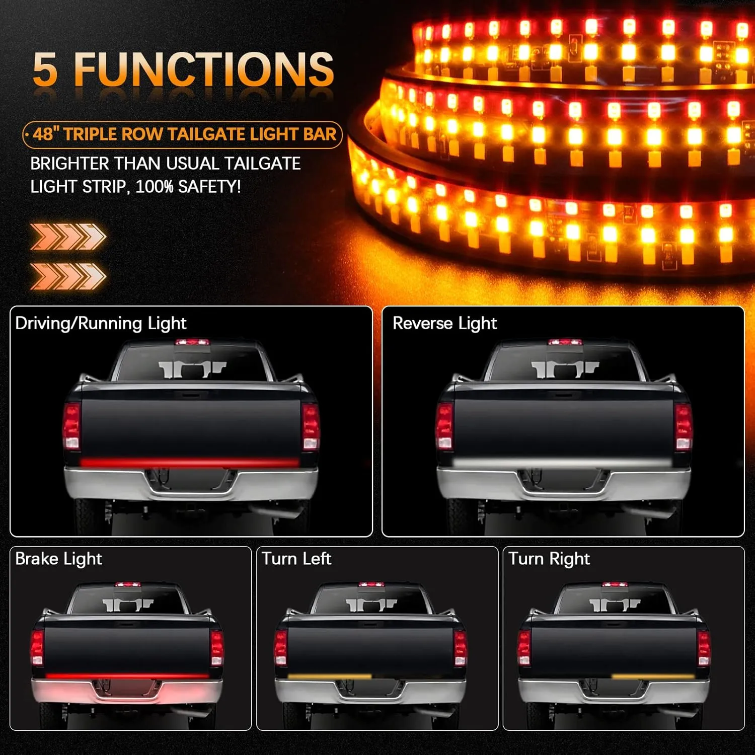 48"/49" Tailgate Light Bar Triple Row LED Tailgate Light Strip with Red Running Brake Lights White Reverse Amber Turn Signal Lights