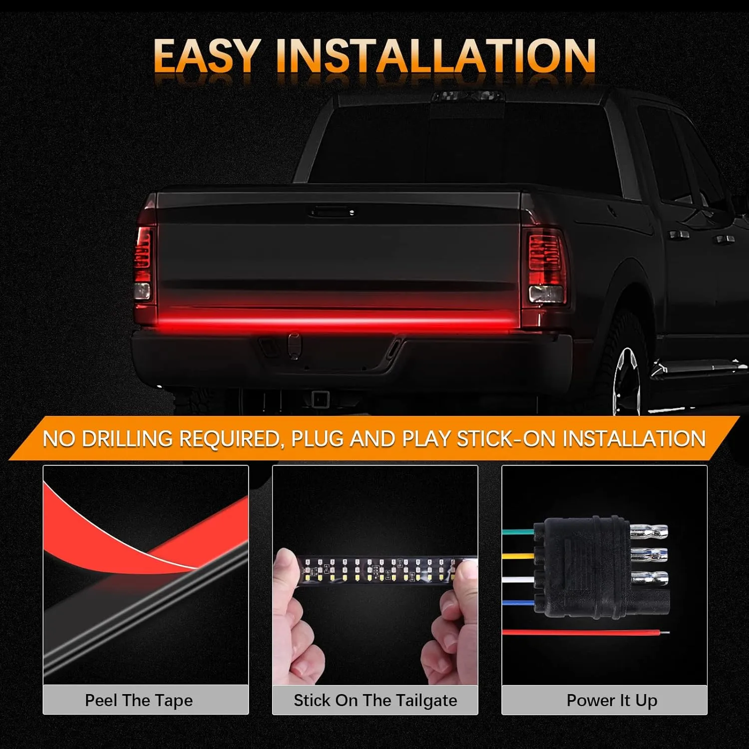 48"/49" Tailgate Light Bar Triple Row LED Tailgate Light Strip with Red Running Brake Lights White Reverse Amber Turn Signal Lights