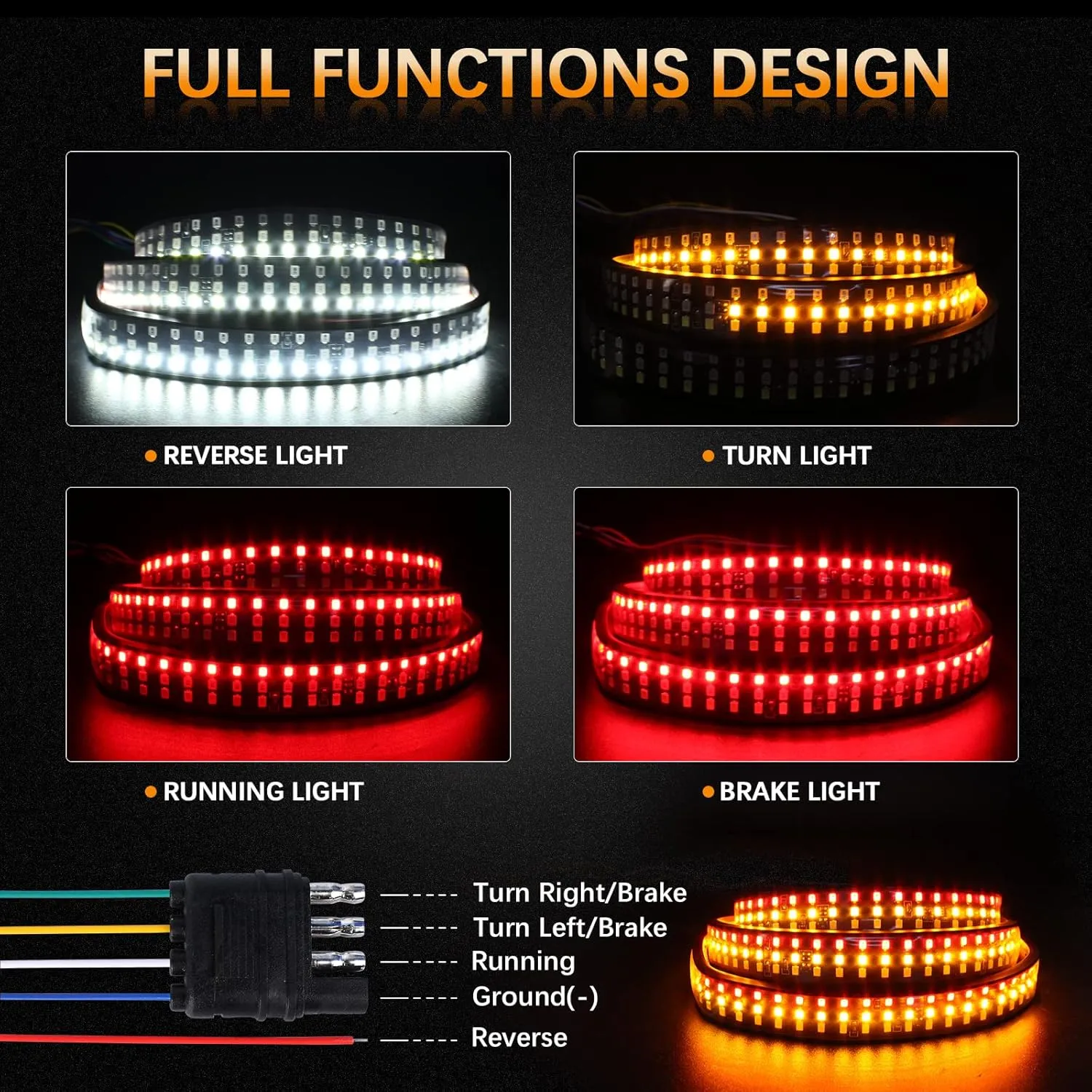 48"/49" Tailgate Light Bar Triple Row LED Tailgate Light Strip with Red Running Brake Lights White Reverse Amber Turn Signal Lights