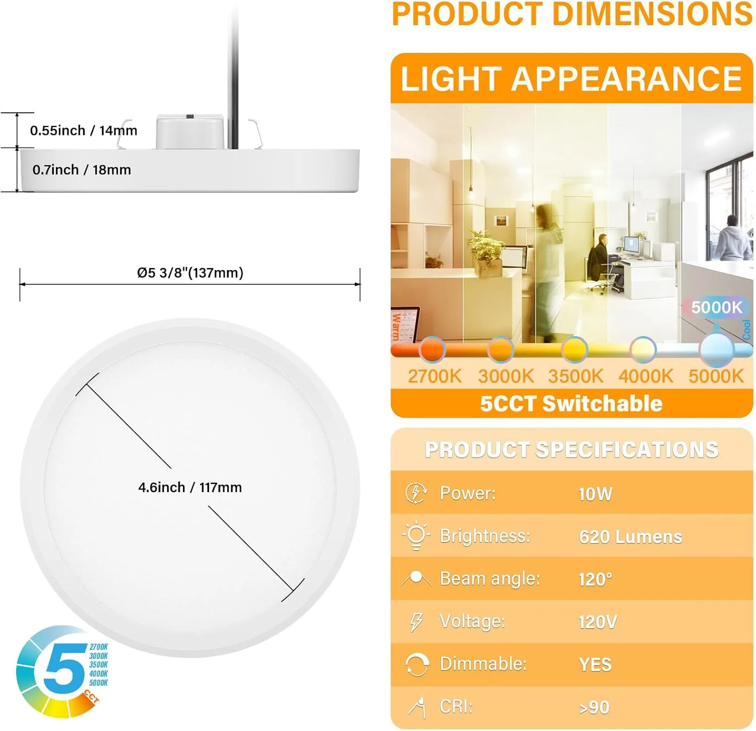 5 Inch Field Selectable 5CCT LED Edgelit Slim Surface Mount Downlight for J-Box, Round, Mini Flat Panel Light, Dimmable, 120VAC, 10W, 620LM, CRI90, ETL, Wet Location, White, 12 Packs