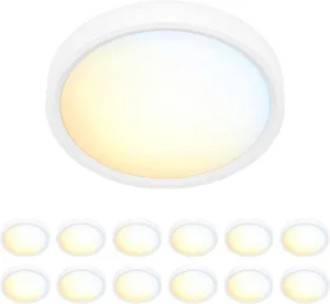 5 Inch Field Selectable 5CCT LED Edgelit Slim Surface Mount Downlight for J-Box, Round, Mini Flat Panel Light, Dimmable, 120VAC, 10W, 620LM, CRI90, ETL, Wet Location, White, 12 Packs