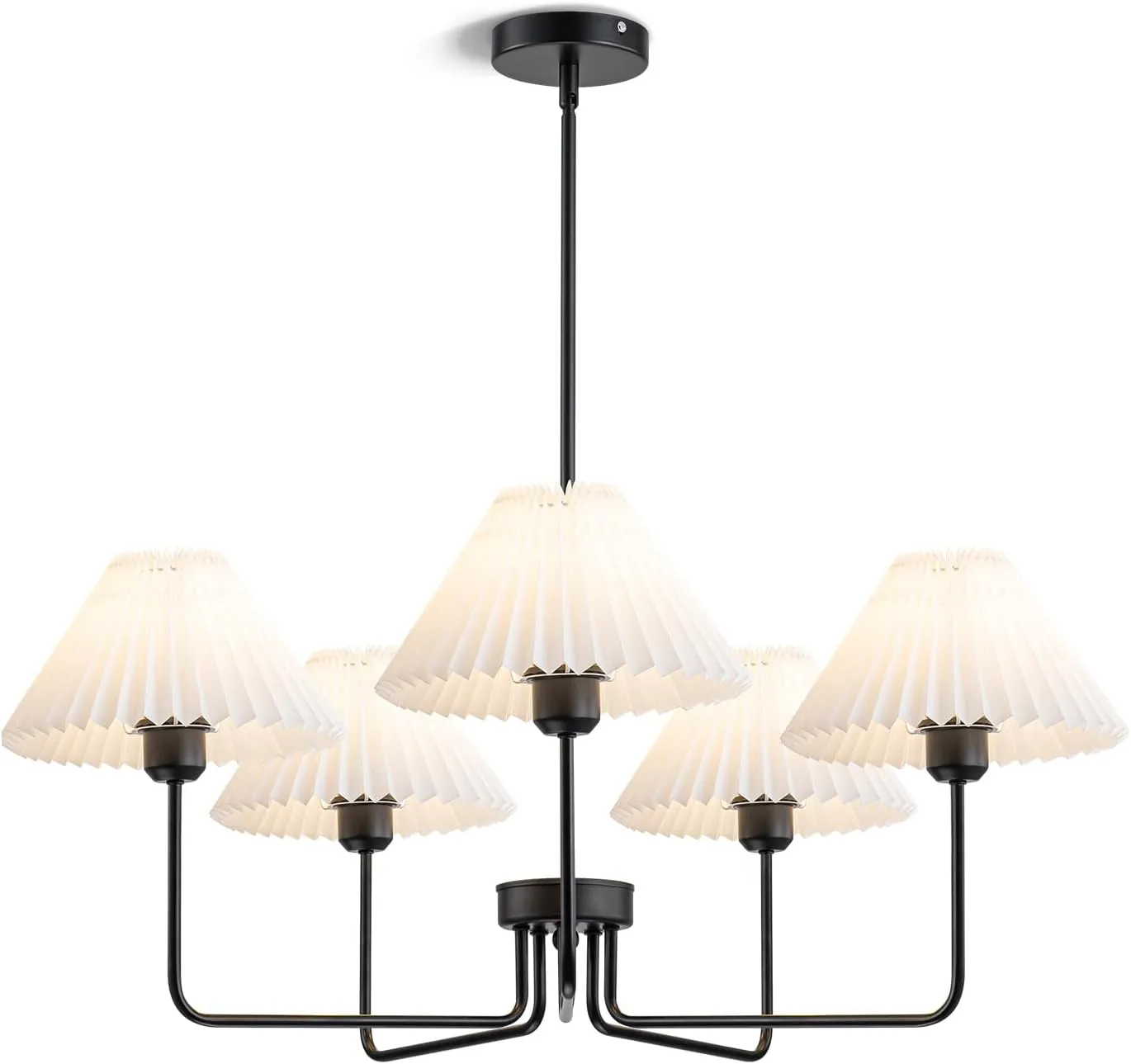 5-Light Black Chandeliers, Modern Chandelier with White Pleated Fabric Shades, Dining Room Light Fixtures for Living Room Bedroom Hallway Kitchen Island, Height Adjustable