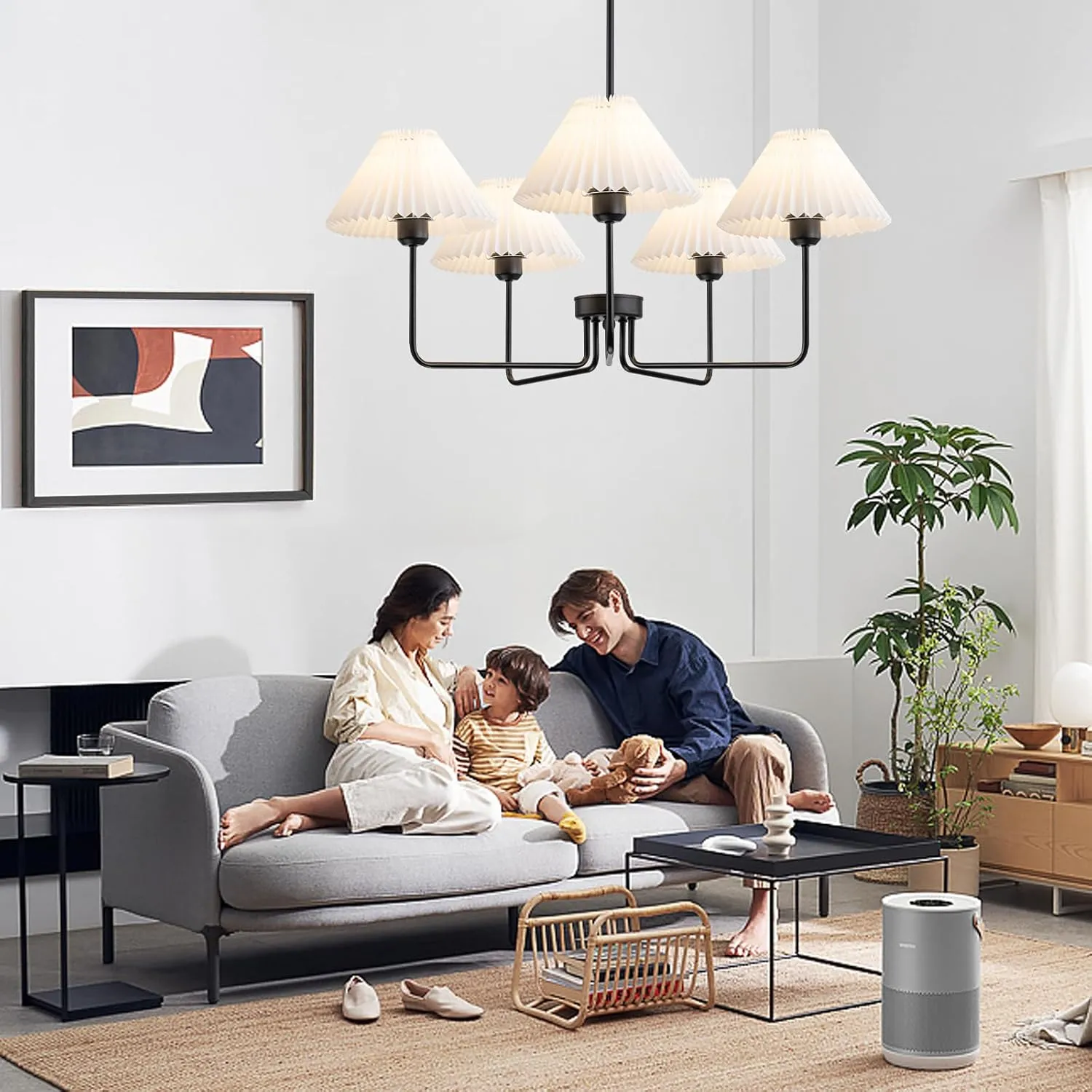 5-Light Black Chandeliers, Modern Chandelier with White Pleated Fabric Shades, Dining Room Light Fixtures for Living Room Bedroom Hallway Kitchen Island, Height Adjustable