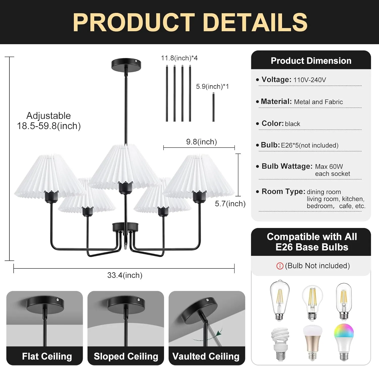 5-Light Black Chandeliers, Modern Chandelier with White Pleated Fabric Shades, Dining Room Light Fixtures for Living Room Bedroom Hallway Kitchen Island, Height Adjustable