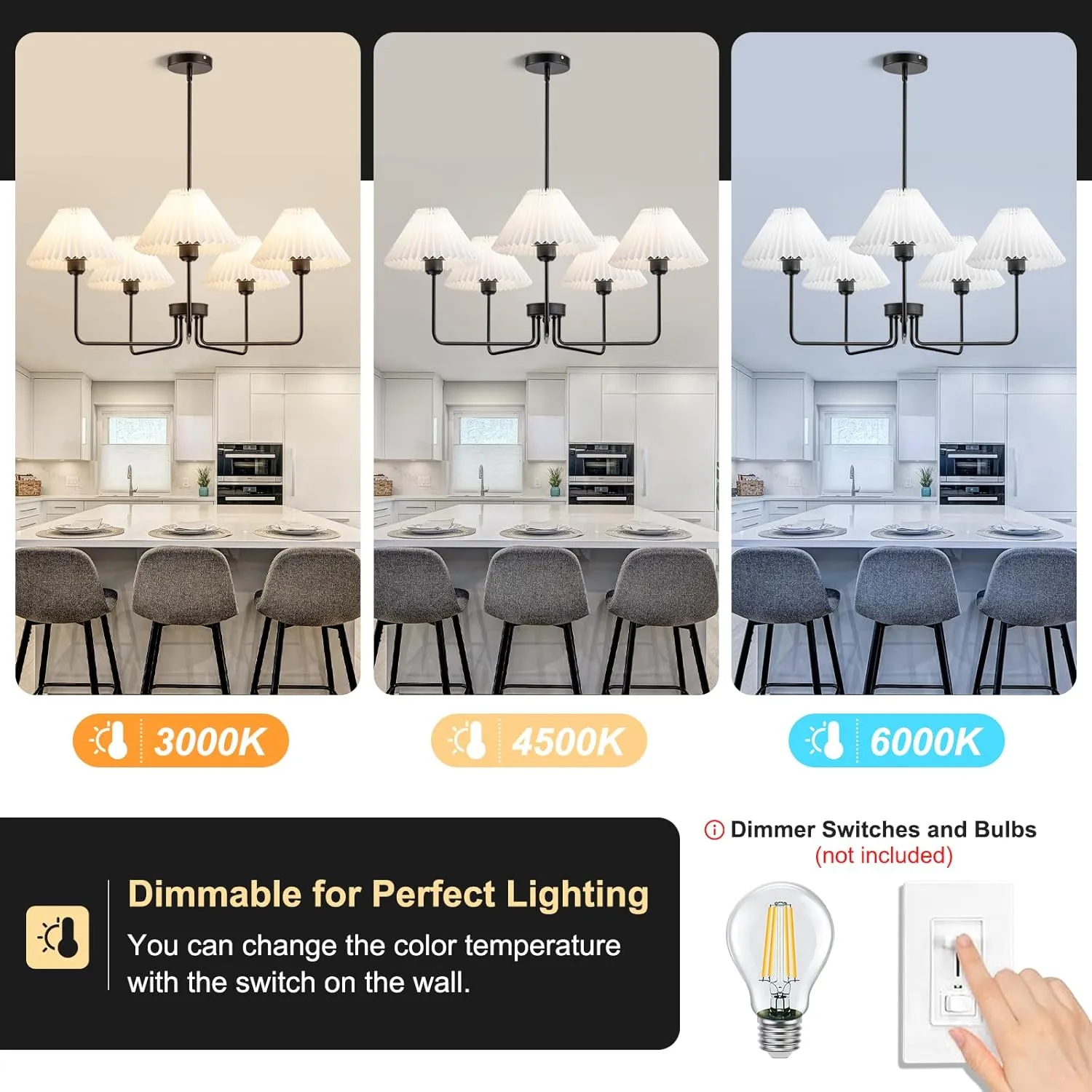 5-Light Black Chandeliers, Modern Chandelier with White Pleated Fabric Shades, Dining Room Light Fixtures for Living Room Bedroom Hallway Kitchen Island, Height Adjustable