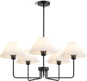 5-Light Black Chandeliers, Modern Chandelier with White Pleated Fabric Shades, Dining Room Light Fixtures for Living Room Bedroom Hallway Kitchen Island, Height Adjustable