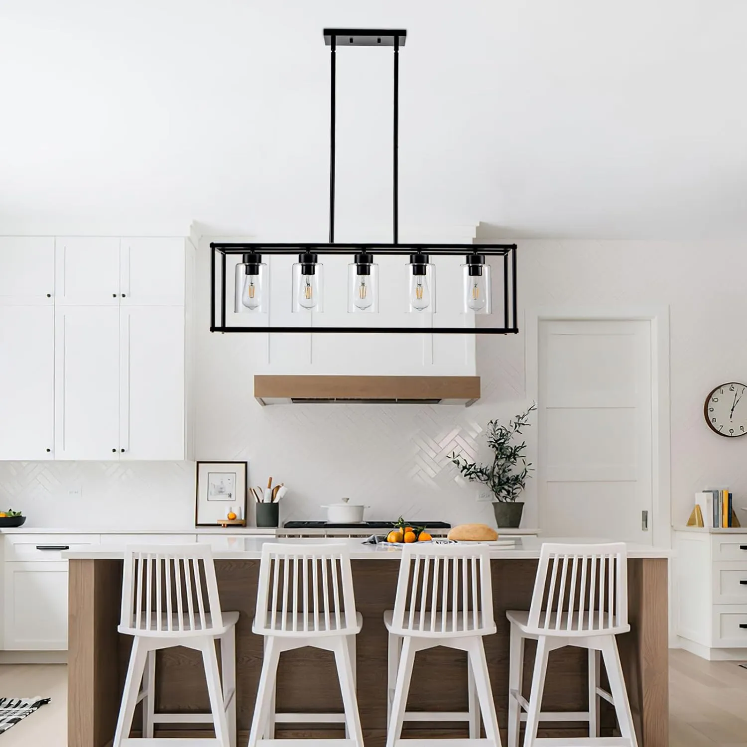 5 Light Dining Room Light Fixture Matte Black Farmhouse Chandelier Over Table Rectangular Kitchen Pendant Lighting Rectangle Modern Industrial Living Room Hanging Lights Adjustable Height